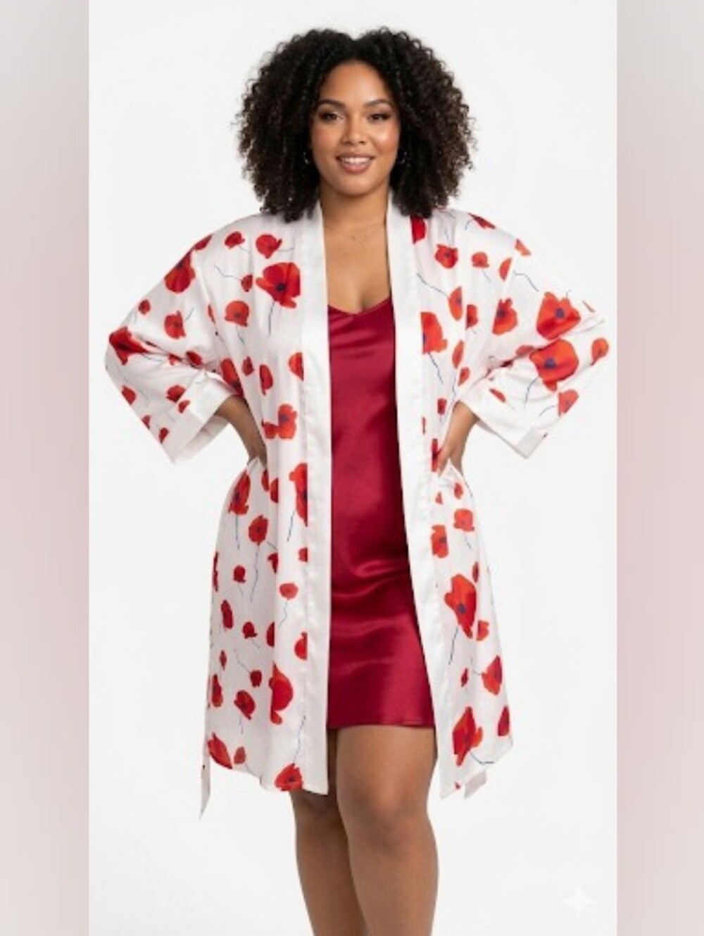 M/L White & Red Floral Satin Robe - Women's Lingerie